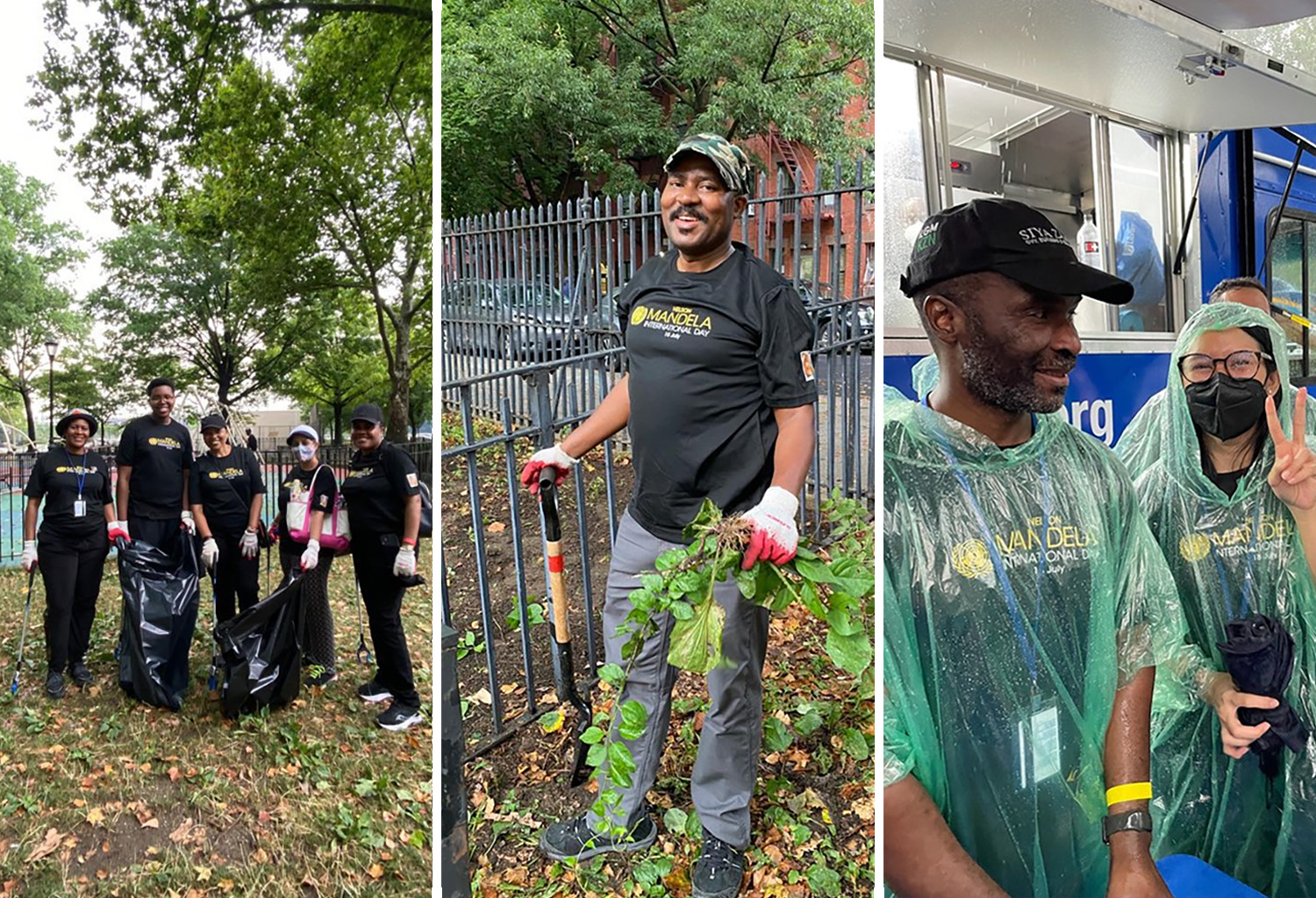 collage of three images of people volunteering at a park in the rain