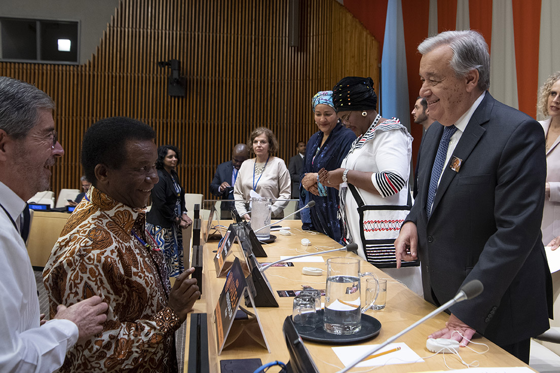 Secretary-General António Guterres speaks with Jerry Matthews Matjila, Permanent Representative of the Republic of South Africa to the United Nations, ahead of the informal meeting of the General Assembly to observe the annual Nelson Mandela International Day.