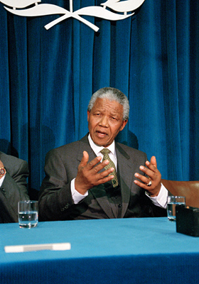 President Nelson R. Mandela of South Africa addressing correspondents at a press conference held at UN Headquarters.