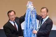 mayor of hiroshima presented with paper cranes by Secretary-General Ban