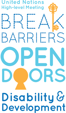 Logo created for the High-level meeting of the General Assembly on disability and development with the text 'Break Barriers: Open Doors' that also includes symbols of a key and keyhole.