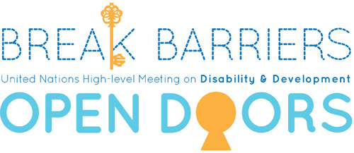 A banner created for the High-level meeting of the General Assembly on disability and development with the text 'Break Barriers: Open Doors' that also includes symbols of a key and keyhole.