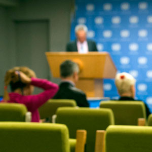 A wide view of the press briefing room. UN Photo/Paulo Filgueiras
