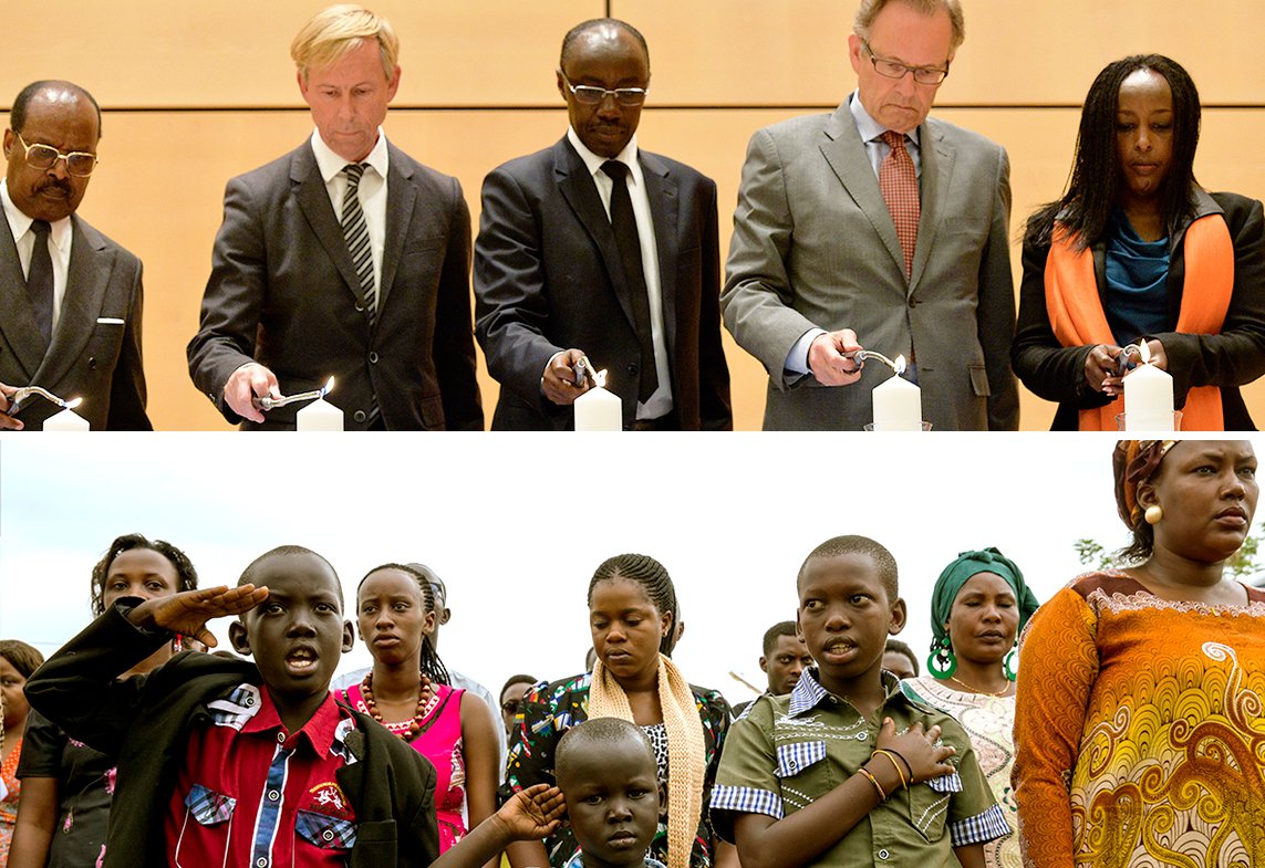 Two photos side by side depicting participants of the annual commemoration. Top photo is at UNOG. Bottom photo is at UNMISS