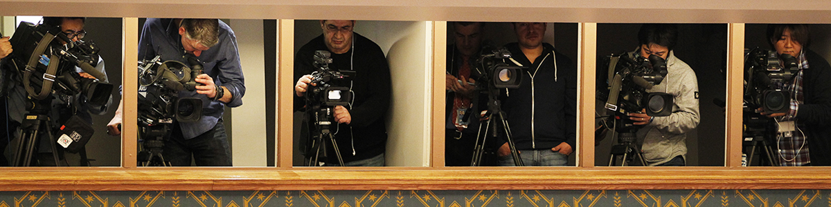 Los periodistas de los medios de difusión en la sede de la ONU cubriendo el debate general de la Asamblea General. ONU/Rick Bajornas
