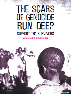 Imagen del póster 'The Scars of Genocide Run Deep' con texto en inglés