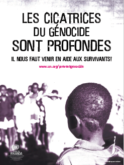 Image of the poster 'The Scars of Genocide Run Deep' with Francés text