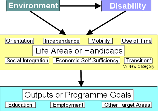 Diagram showing relationships of Environment, Disability, Life Areas or Handicaps, and Outputs or Programme Goals