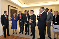 UN Secretary-General Ban Ki-moon (left) chats with Michelle Bachelet, former President of Chile and member of the MDG Advocacy Group before being appointed Executive Director of UN Women, at the Palacio de la Moncloa in Madrid. Also in the picture: Ray Chambers, Antonio Banderas (UNDP Goodwill Ambassador who attended the meeting), Jeffrey Sachs, Jan Eliasson and Akin Adesina.