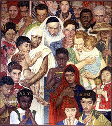 “己所不欲，勿施于人”写在了这幅根据诺曼·罗克韦尔描绘各民族人民的画制作的这件镶嵌画中。